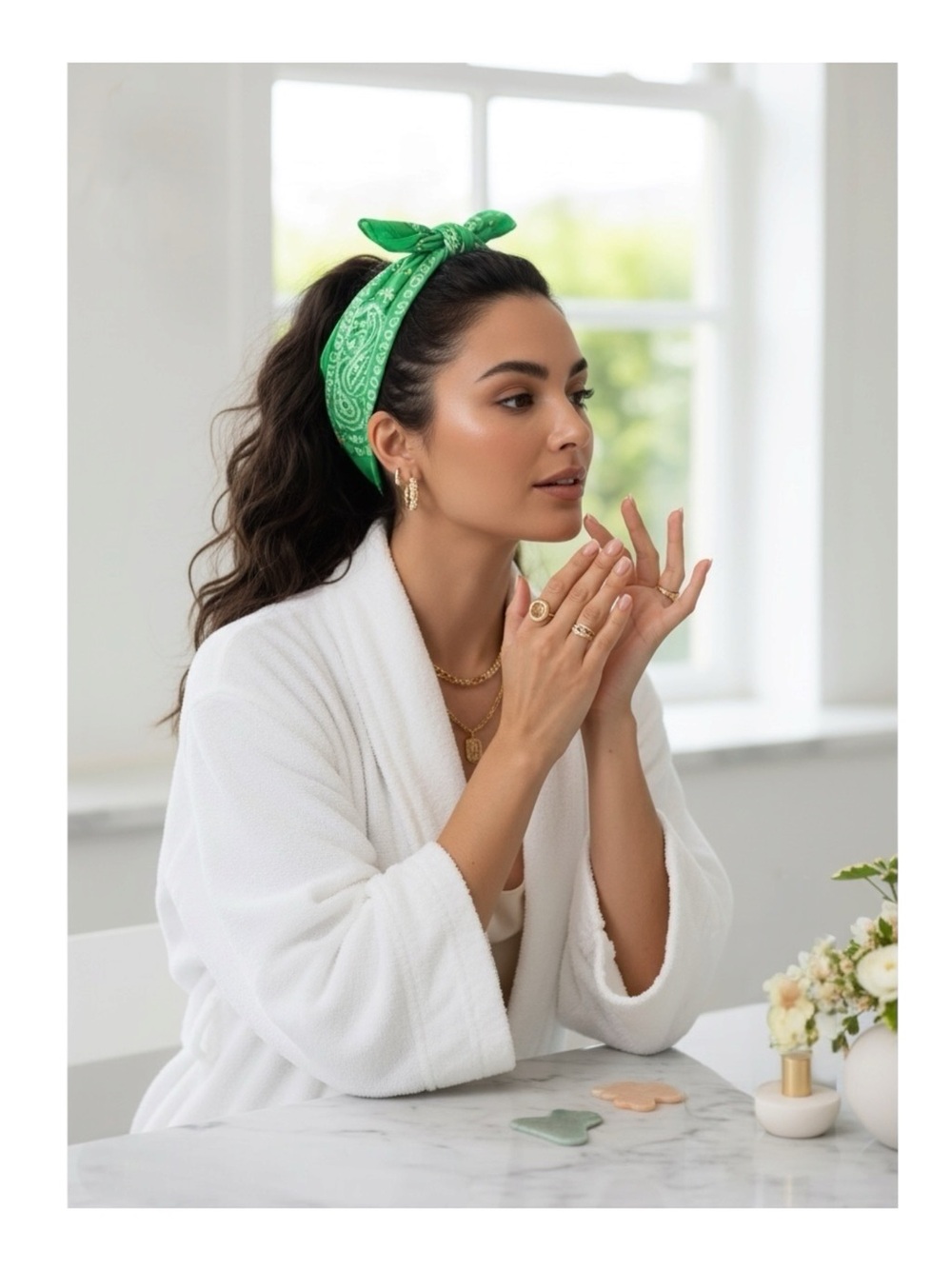 new Tata Harper 🜸 Signature Logo Print Beauty Bandana 🜸 Green Yellow White 🜸